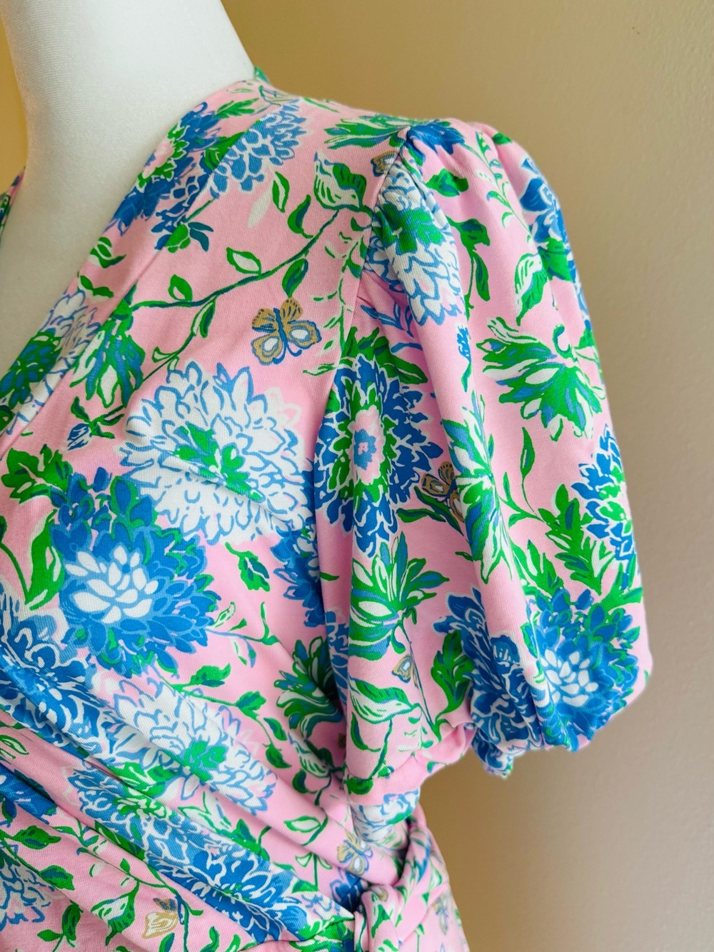 Lily Pulitzer Pink Floral Midi Dress with Puff Sleeves M